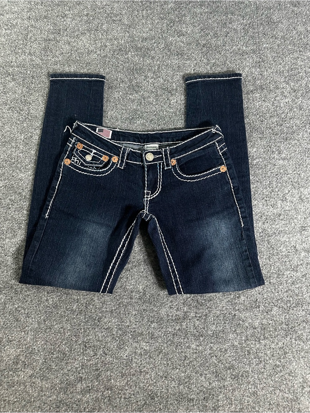 True Religion Women's Dark Indigo Low Skinny Jeans with White Contrast Stitching